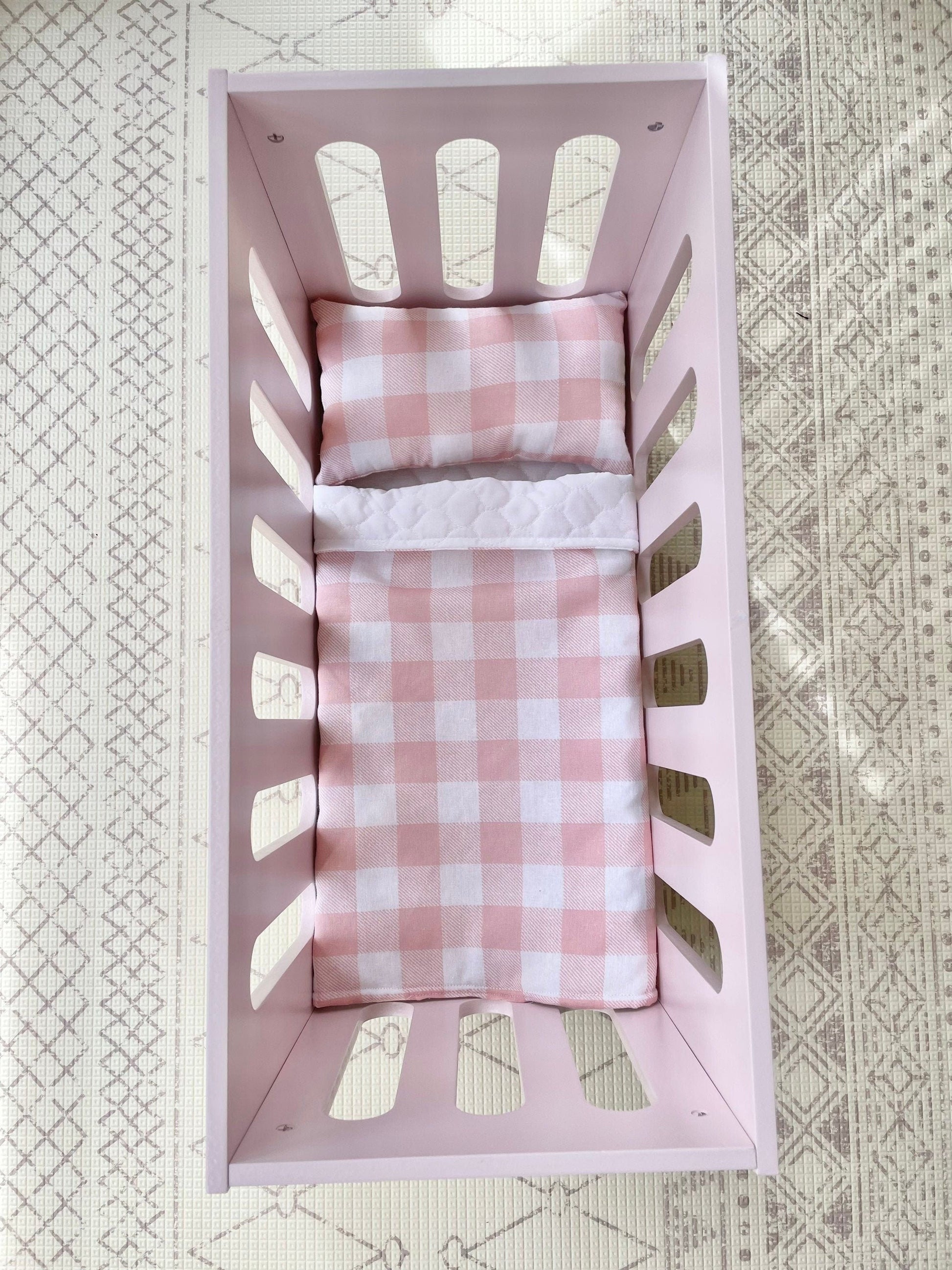 Dolls Linen Set Pink Gingham Bedding - doll crib blanket