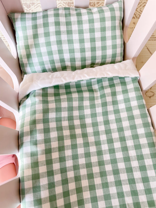 Gingham Doll Bedding | Gift for nephew | Crib sheet and pillow toy set | Doll Bed Cover Linen | Cot Blanket | Crib Bedding | Pram Pillows