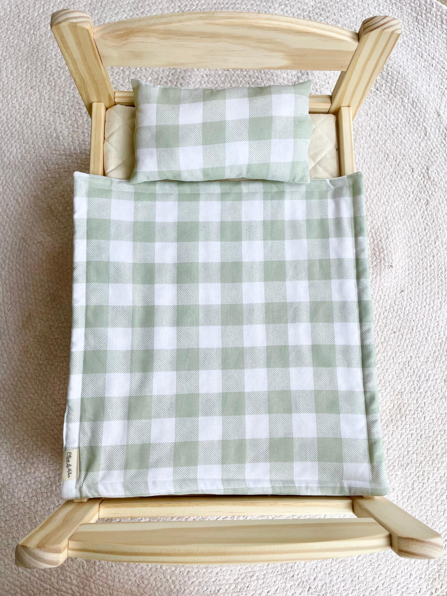 Sage Gingham Doll Bedding | Gift for nephew | Crib sheet a pillow toy set | Doll Bed Cover Linen | Cot Blanket | Crib Bedding | Pram Pillows